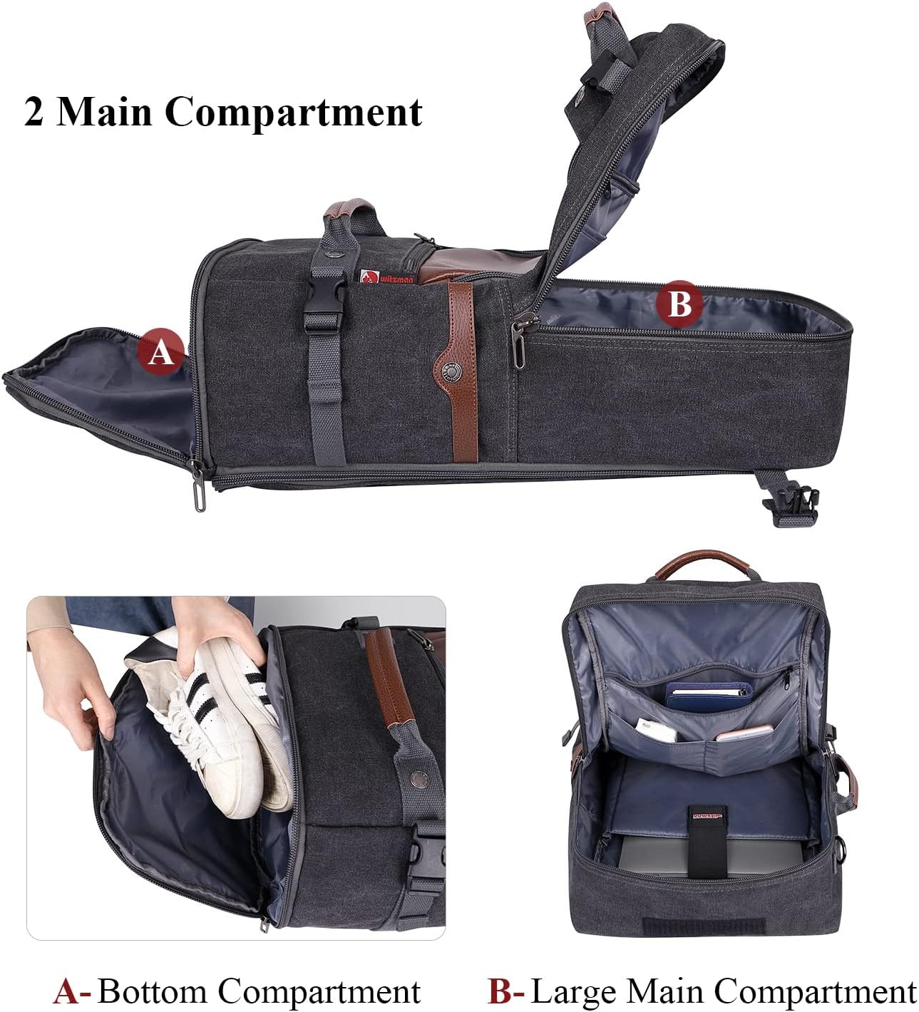 WITZMAN Travel Backpack for Men Women Carry on Luggage Backpack Canvas Rucksack Duffel bag with Shoe Compartment