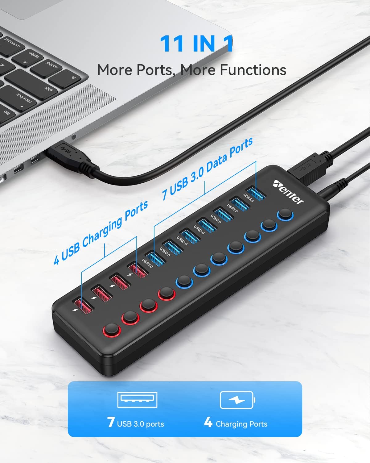 Powered USB 3.0 Hub, WENTER 11-Port USB Data Hub Splitter with Individual On/Off Switches and 12V/3A Power Adapter for MacBook,Mac Pro/Mini and More(7 USB3.0 Ports + 4 Charging Ports)