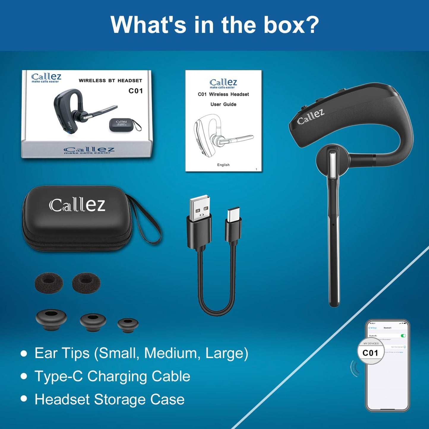 Bluetooth Headset for iPhone Android Cell Phone, Bluetooth Earpiece V5.0 with CVC8.0 Dual Mic Noise Cancelling & Mute/Volume Buttons, Hands-Free Wireless Headset for Trucker Office Business