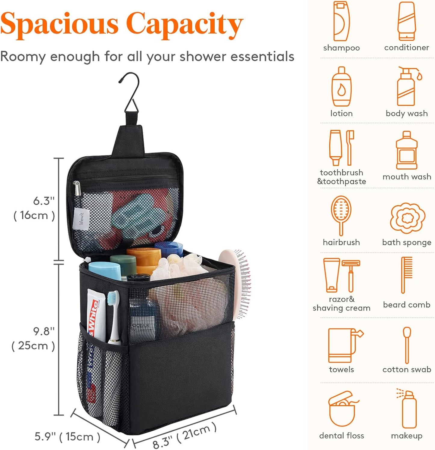 Lifewit Shower Bag Mesh Shower Caddy Portable College Dorm Room Essentials Tote Bag for Bathroom, Gym, Travel, Camping Quick Dry Hanging Shower Organizer Basket Toiletry Bag, Medium, Black