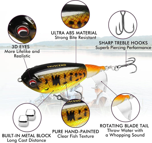 TRUSCEND PoPobait with BKK Hooks, Top Water Plopper Fishing Lures for Bass Walleye Pike Catfish Musky Perch, Floating Lure for Freshwater or Saltwater, Amazing Teasers Fishing Gifts for Family Fishing - PuriLite