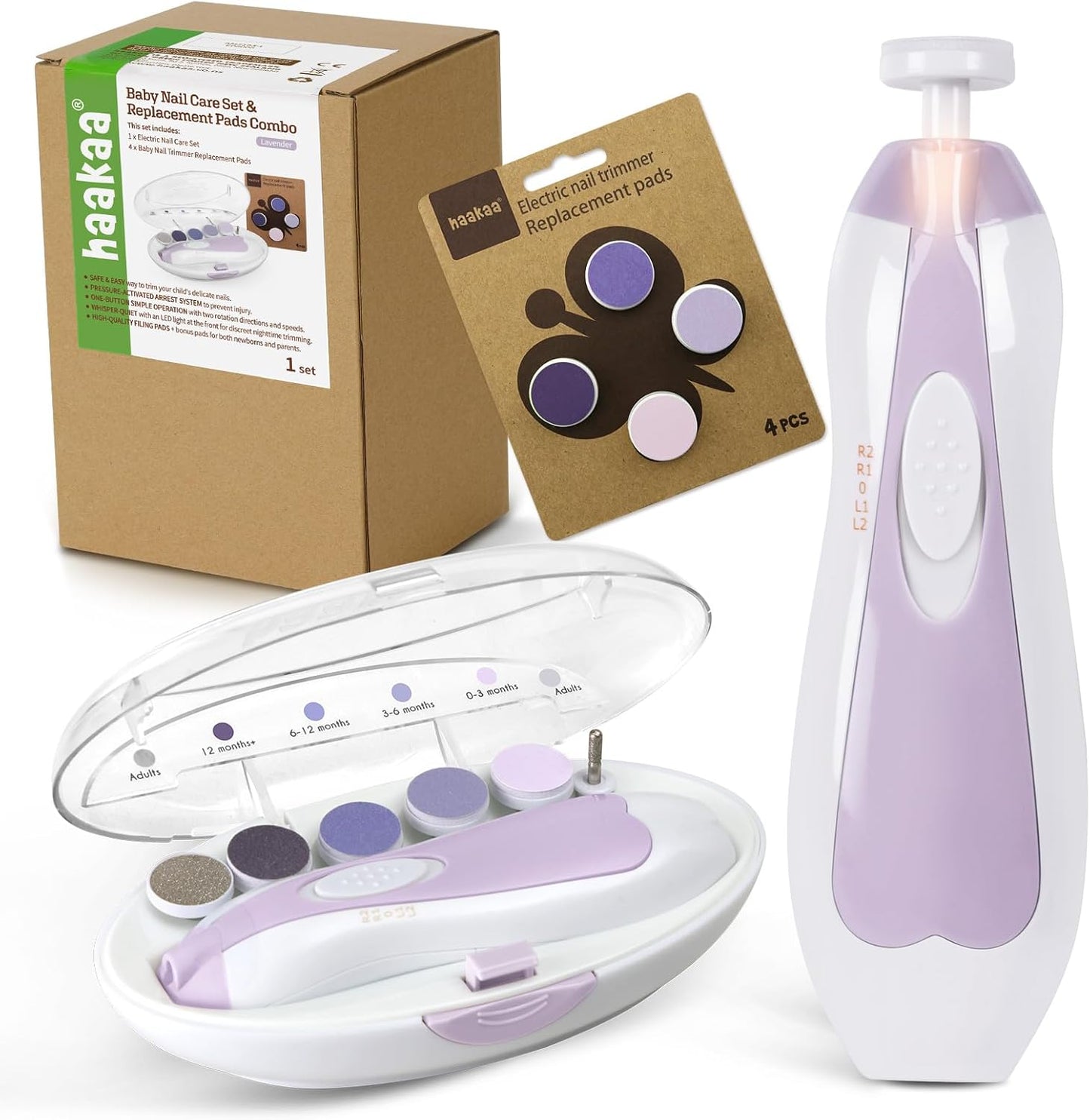 haakaa Baby Nail Trimmer Electric Baby Nail Clippers Kit for Newborn, Toddler or Adults Fingernails and Toenails Care, Baby Nail Care Set & Extra 4 Replacement Pads Combo - Acorn
