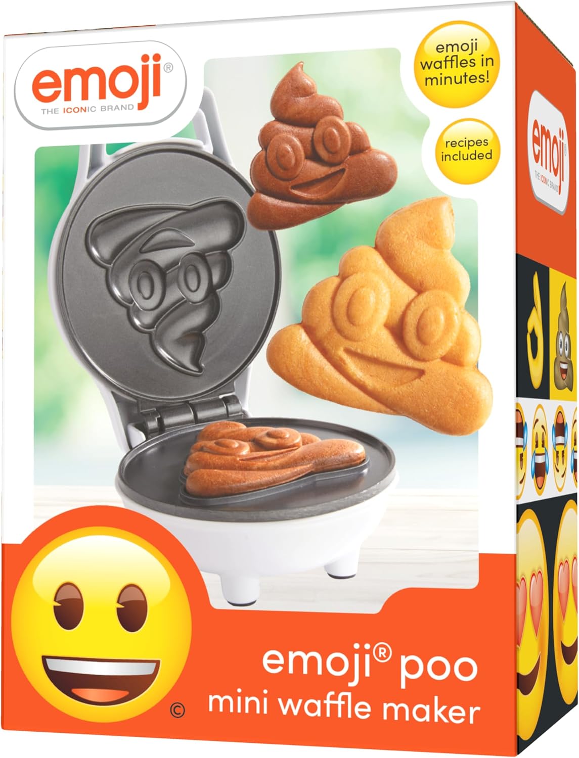 Emoji Poop Mini Waffle Maker- Breakfast Fun for Kids w Cute Smiley Face Design, 4" Waffler Iron Makes Poo Shaped Pan Cakes or Waffles, Electric Nonstick Appliance w Recipes, Funny Gag Gift for Him Her