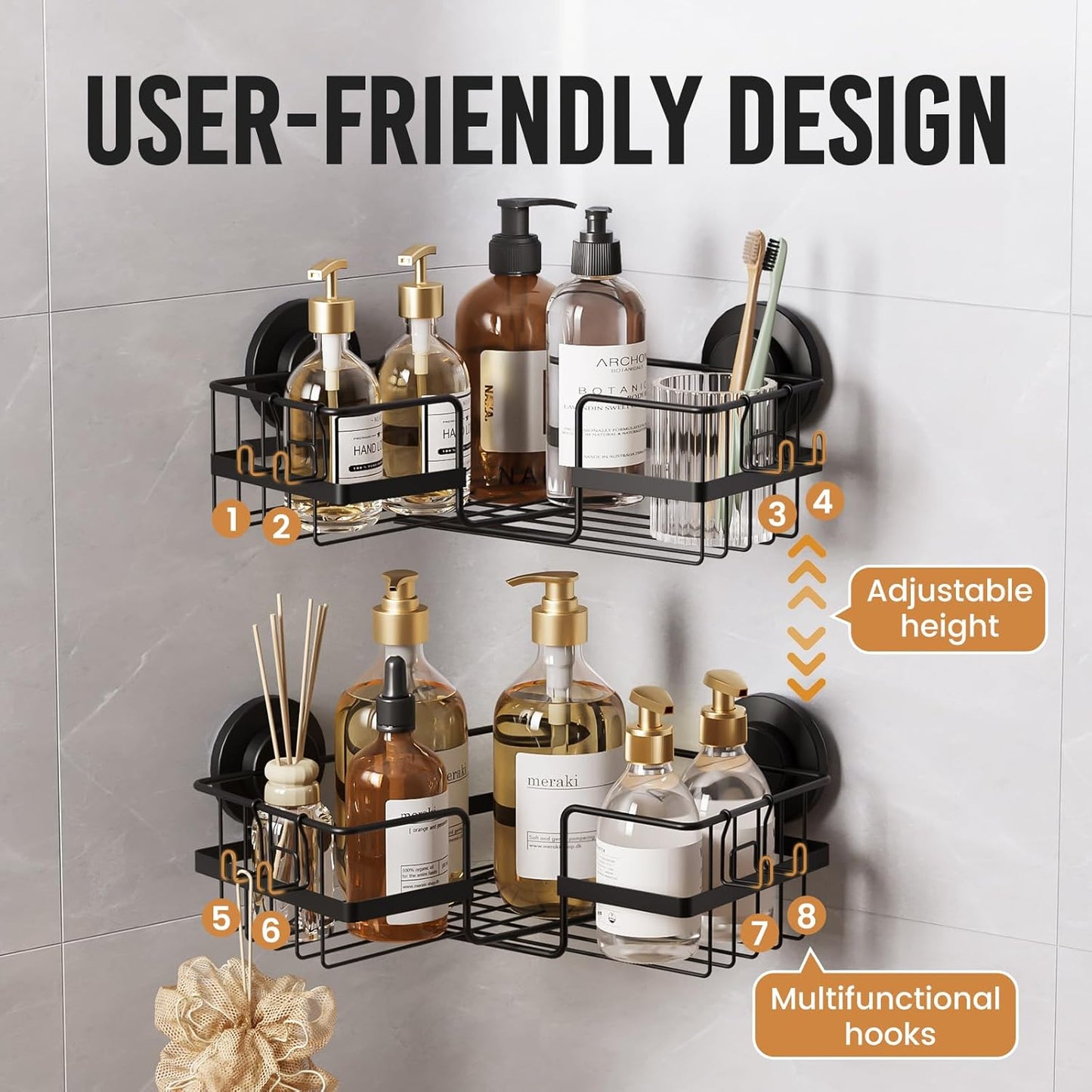 LEVERLOC Shower Caddy Suction Cup, 2 Pack Black Shower Shelf with Hooks and Soap Holder, NO-Drilling Bathroom Organizer, Rustproof Metal Bathroom Storage and Organization