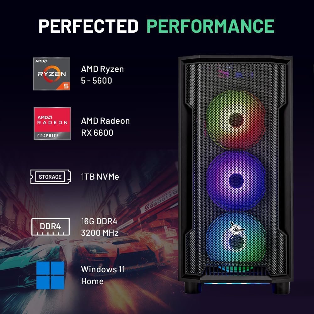 Skytech Shadow Gaming PC Desktop, Ryzen 5 5600 3.5 Ghz (4.4GHz Turbo Boost), AMD RX 6600 8GB GDDR6, 1TB SSD, 16GB DDR4 RAM 3200, 650W Gold PSU, Wi-Fi, Win 11 Home