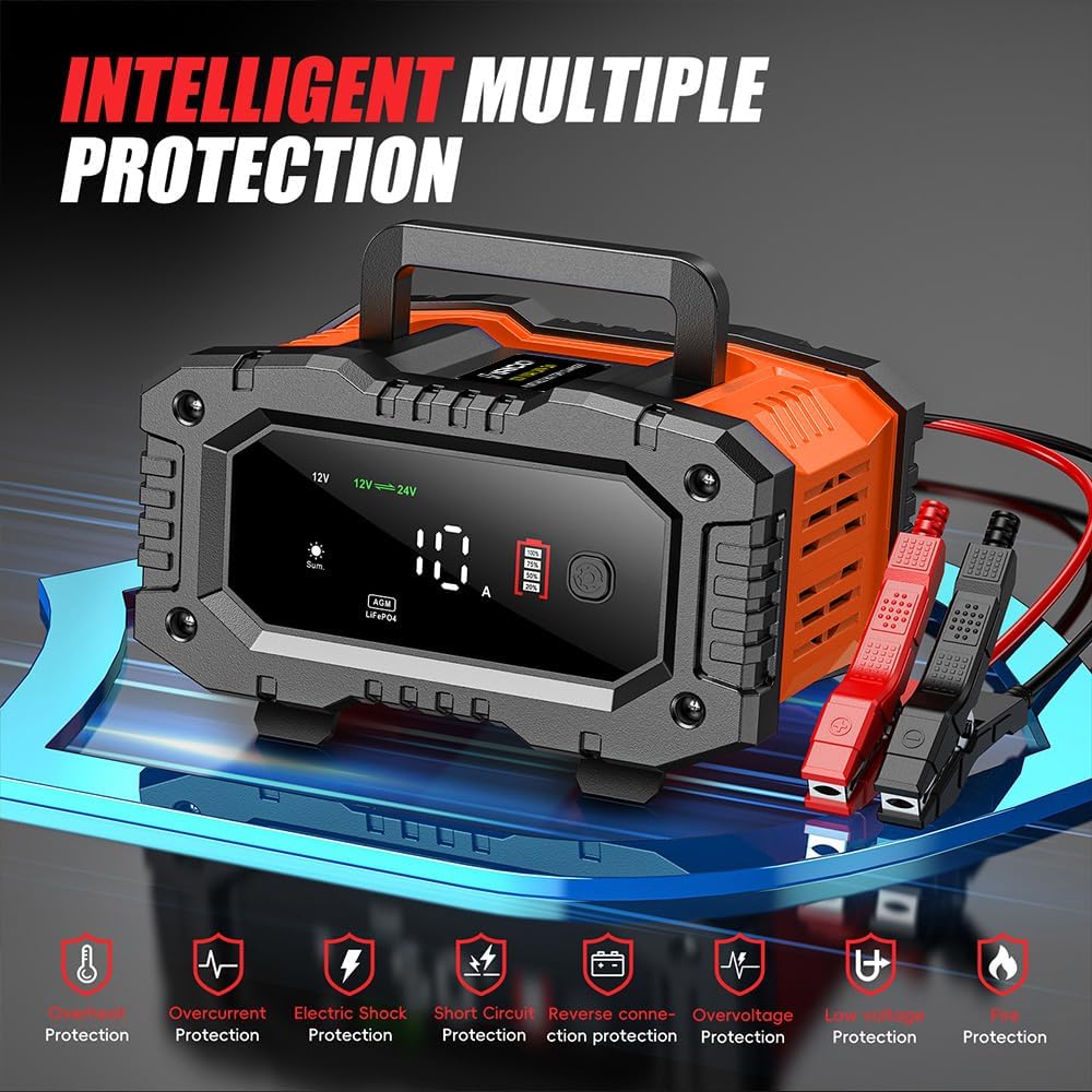 IRICO Multi-Stage Smart Battery Charger for Lithium-ion, LifePo4, AGM, Gel, SLA, Wet, EFB, Deep Cycle Batteries, with Repair Feature. Charge at 12V, 10A or 24V, 5A (12V 10A)