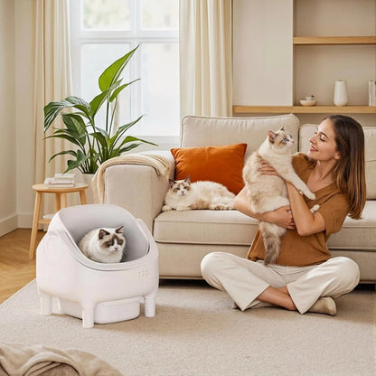 GUNJI Self Cleaning Cat Litter Box, Open-Top Automatic Self-Cleaning Litter Box, Design for Multi-Cat Families, Integrated Safety Protection, Includes Trash Bags (Dark Grey)