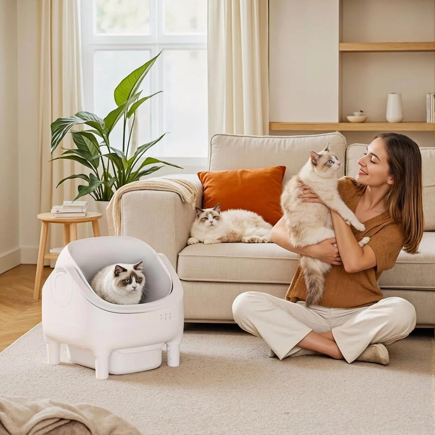 GUNJI Self Cleaning Cat Litter Box, Open-Top Automatic Self-Cleaning Litter Box, Design for Multi-Cat Families, Integrated Safety Protection, Includes Trash Bags (Brown)