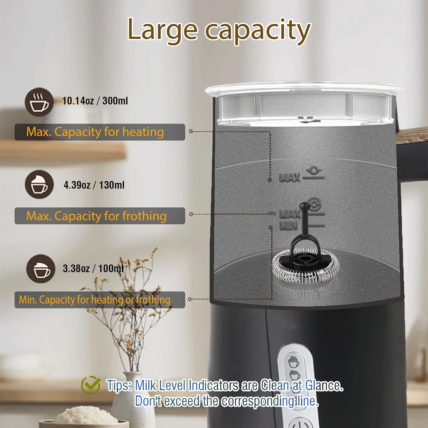 Electric Milk Frother and Steamer, 4-in-1 Milk Steamer with Wood Elements Design, Automatic Hot & Cold Foam Maker for Latte, Cappuccinos, Macchiato, Milk Warmer (Black)