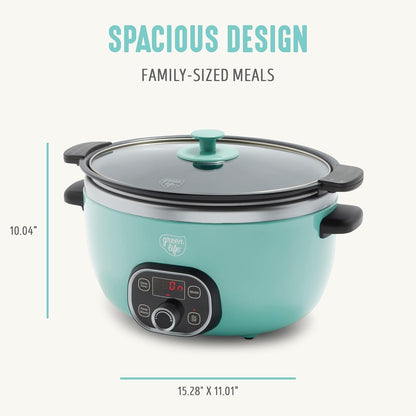 GreenLife 6QT Ceramic Slow Cooker, PFAS-Free, Programmable, Removable Healthy Nonstick Pot for Family Meals, Sear on Stovetop, Keep Warm, Digital Timer, Dishwasher Safe Glass Lid, Turquoise