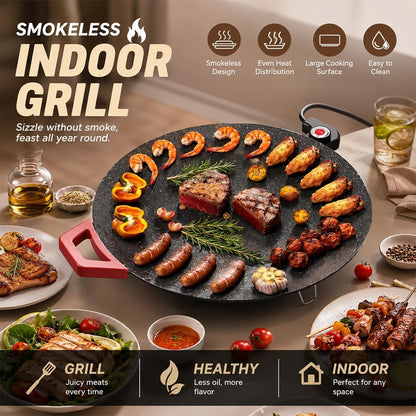 Smokeless Electric Indoor Grill | Nonstick Round Griddle with Adjustable Temperature Control