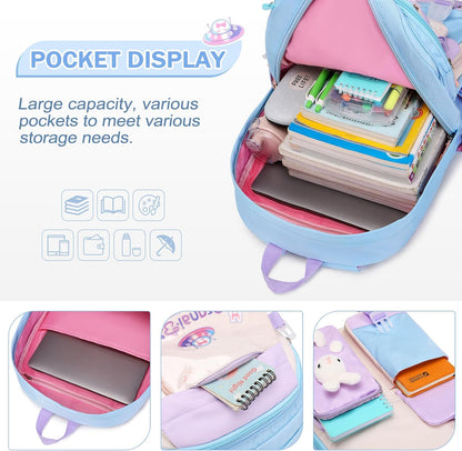FIXITOK Girls Backpack Set, 3PCS Kids Backpack for Girls, Kawaii Bunny School Backpacks for Girl Kindergarten Elementary Preschool Middle School Bags with Lunch Box Pencil Case Aquamarine