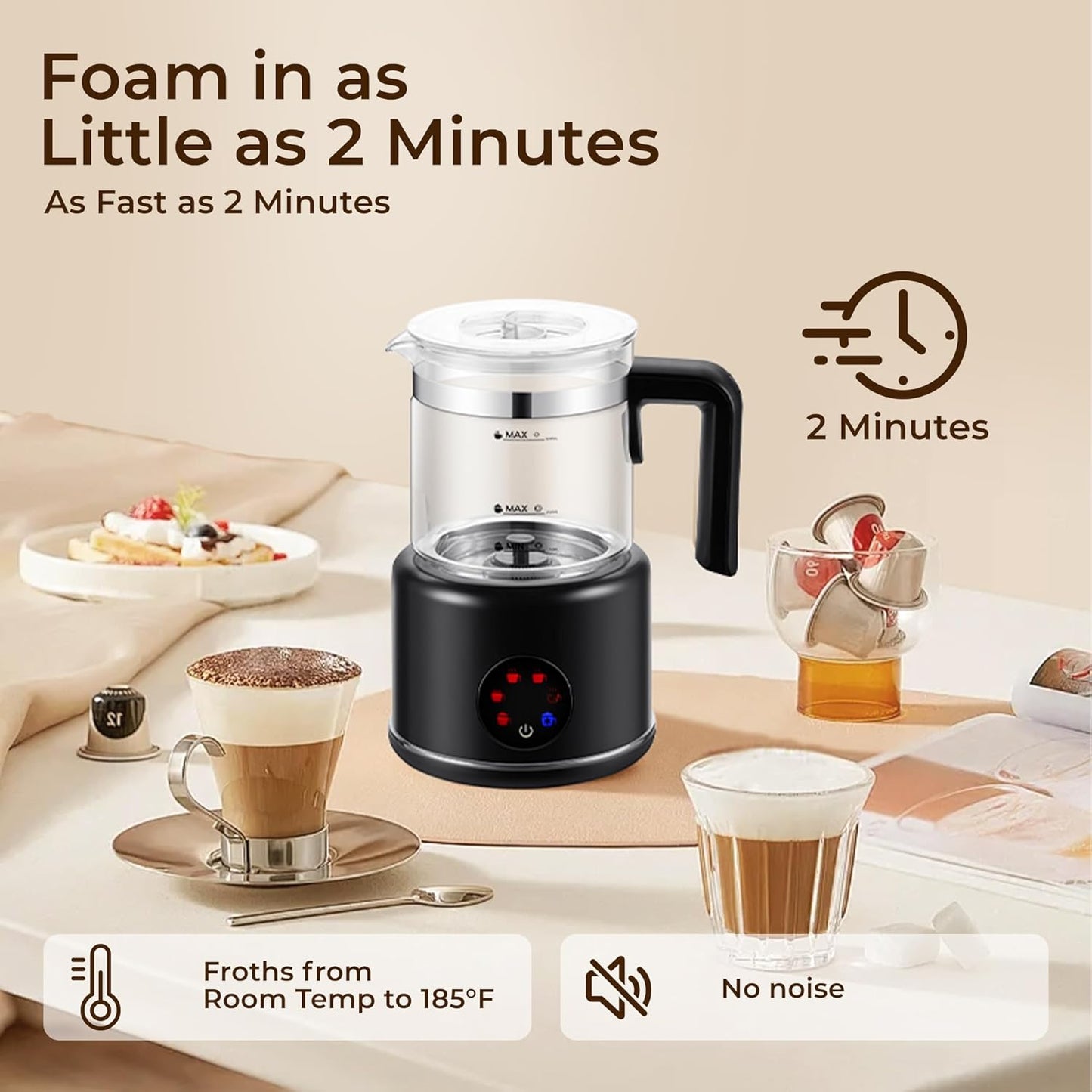 JXXM 6-IN-1 Milk Frother 600 Watts, 22 oz Split Stainless Steel, Hot and Cold Milk Frother for Latte, Macchiato, Cappuccino and Hot Chocolate, Black