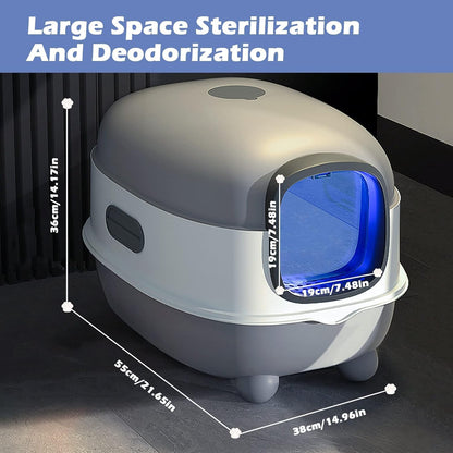 Ultra Large Fully Enclosed Cat Litter Box,Self Cleaning Cat Litter Tray for Cats with Automatic Anti-Sand Cage,Easy to Clean,Deodorize,Splash Proof Litter Box with Lid,55x38x36cm (Blue)