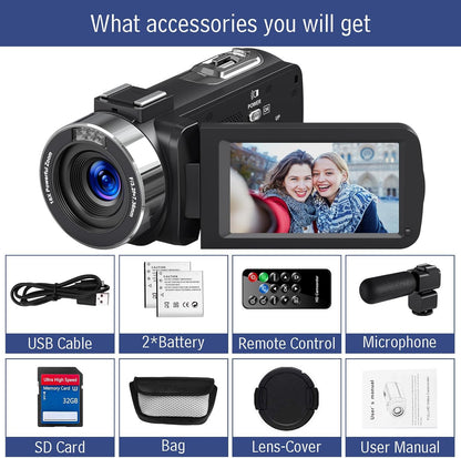 6K Camcorder Video Camera HD 64MP IR Night Vision Vlogging Camera for YouTube 18X Digital Zoom 4.0 Inch Touch Screen Video Camera with WiFi, Microphone, Stabilizer, Remote Control, 64GB SD Card