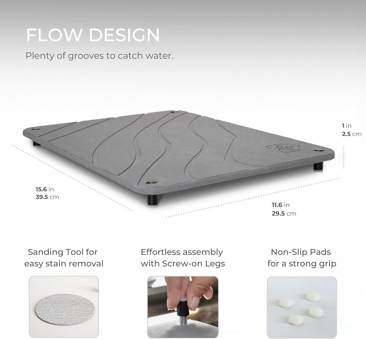 Natureva Home - Stone Dish Drying Mat | Super Absorbent, Quick Dry | Diatomite Mats for Kitchen Counter | Made of Natural Diatomaceous Earth | Absorbing Water Instantly | Design Tide | Colour Graphite