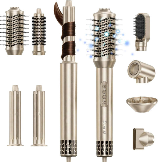 DORISILK 8 in 1 Hair Styler & Blow Dryer Brush Hair Dryer 110,000 RPM High-Speed, Ionic Hot Brush Styler Auto Wrap Curlers, Frizz-free for Fast Drying Straightening Curling Volumizing, Champagne Gold
