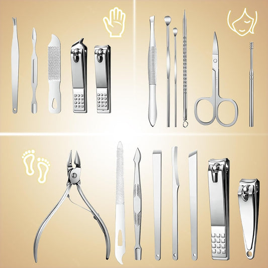 Manicure Set - 19 in 1 Professional Nail Clippers Pedicure Kit, Manicure Tool Kit, Stainless Steel Facial Grooming Set Kit, Gift Idea for Women, Men, Girls, Teens, Beige - PuriLite
