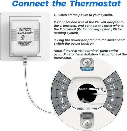 Xwartre Thermostat C Wire 24V Transformer, White Adapter Compatible with Honeywell, Nest, Emerson, Ecobee, Wyze Thermostat and Most Doorbells (7.9m Power Cable)