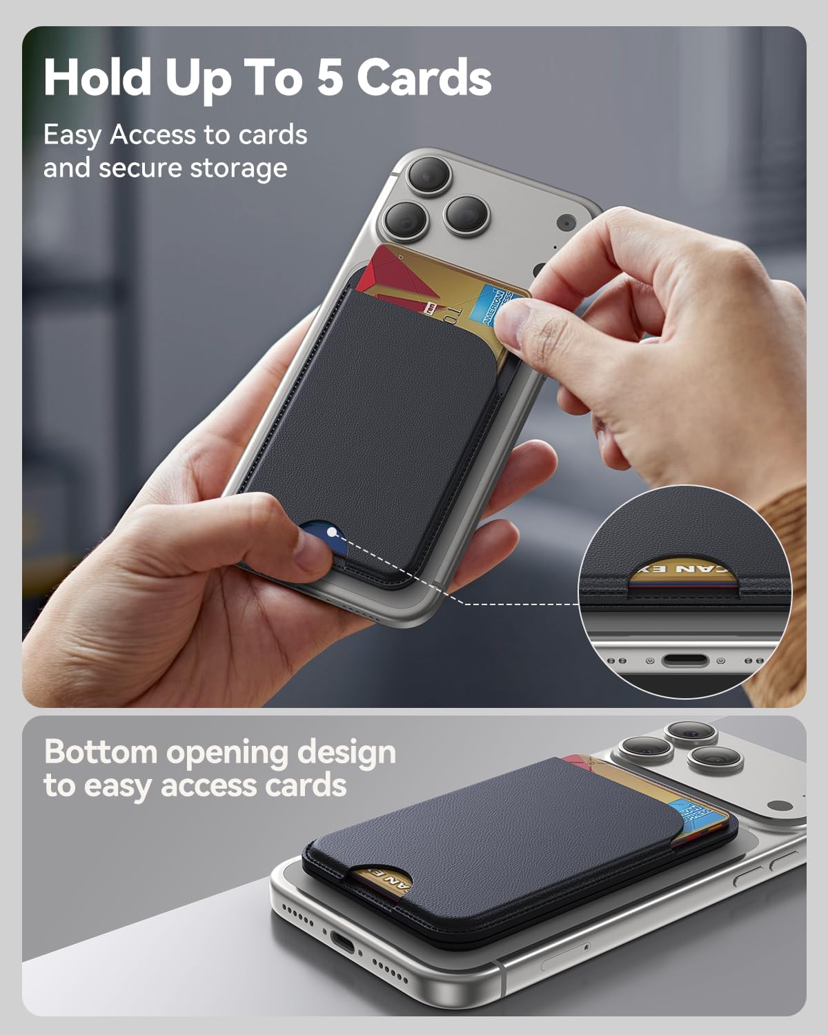TWZKG for MagSafe Wallet, 5 Card Holder with Stand, Magnetic Phone Wallet Stand for iPhone 17/16/15/14/13/12 Pro Max Air Plus Series, RFID Blocking Vegan Leather，Black
