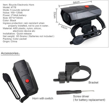 TT-life 120dB Loud Bike Horn, Cycling Bicycle Handlebar Ring Bell Horn with 2 Levels of dB Mode and 5 Different Sounds Black