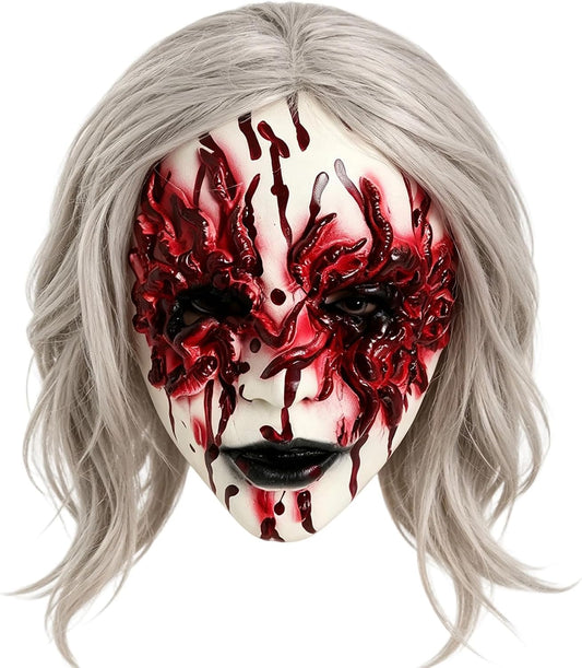 Scary Halloween Bloody Zombie Mask with White Wig for Women