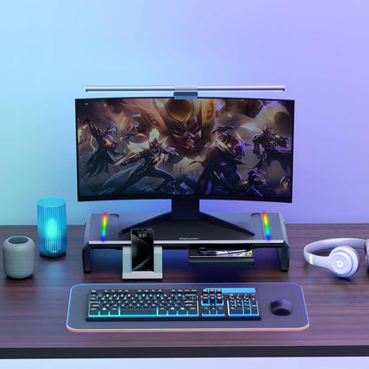 Adjustable Monitor Stand with RGB Light | Foldable Desk Riser with Storage and Organizer for Computer, Laptop, and Printer - PuriLite