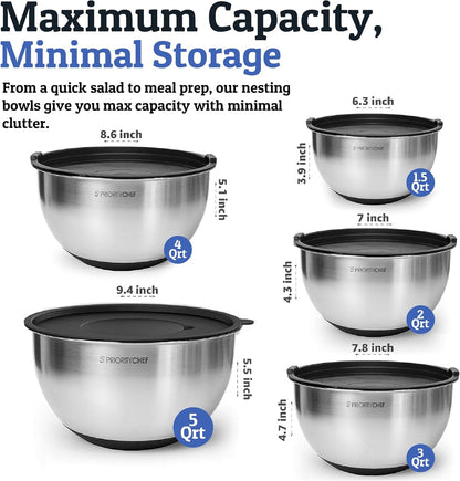 PriorityChef Stainless Steel Mixing Bowls with Lids Set, Metal Nesting Bowls with Airtight Lids, Graters, Non-Slip Base & Measurement Marks, Includes Utensil Set for Prep, Baking & Storage, Black