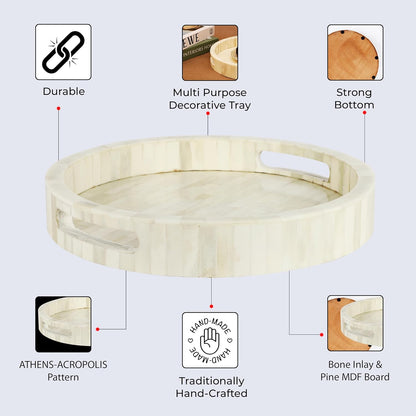 Handicrafts Home 12” Round Decorative Tray – White Bone Inlay Marble Ottoman & Coffee Table Tray with Handles, Modern Farmhouse Centerpiece & Living Room Organizer - PuriLite