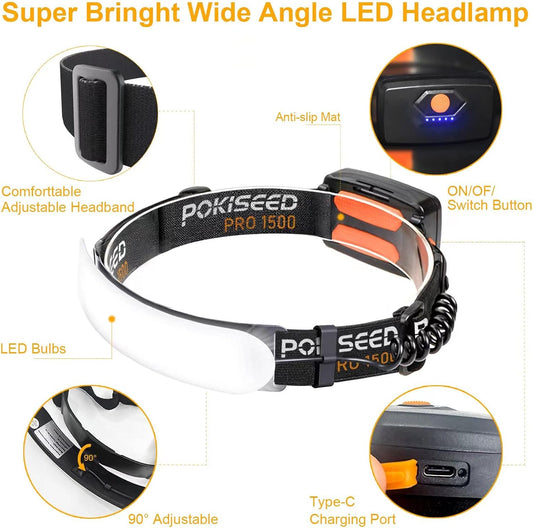 1500 Lumens Rechargeable LED Headlamp with 230° Beam, 3 Modes, IPX6 Waterproof - For Camping, Running, Fishing, Hard Hat Work - PuriLite