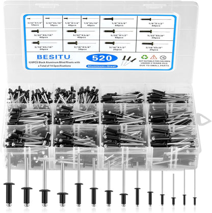 Besitu 210Pcs Pop Rivets Assortment Kit, 1/8" 3/16" 1/4" Large Flange Solid Rivets Set Aluminum Grip Stainless Steel Mandrel Blind Rivets for Metal Heavy Duty