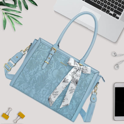 MOSISO Laptop Bag for Women, 17-17.3 inch PU Leathe Tote Bag Compatible with MacBook, HP, Dell, Asus Notebook, Front Embossed Retro Hibiscus Computer Bag with Silk Scarf&Clutch Purse, Gray - PuriLite