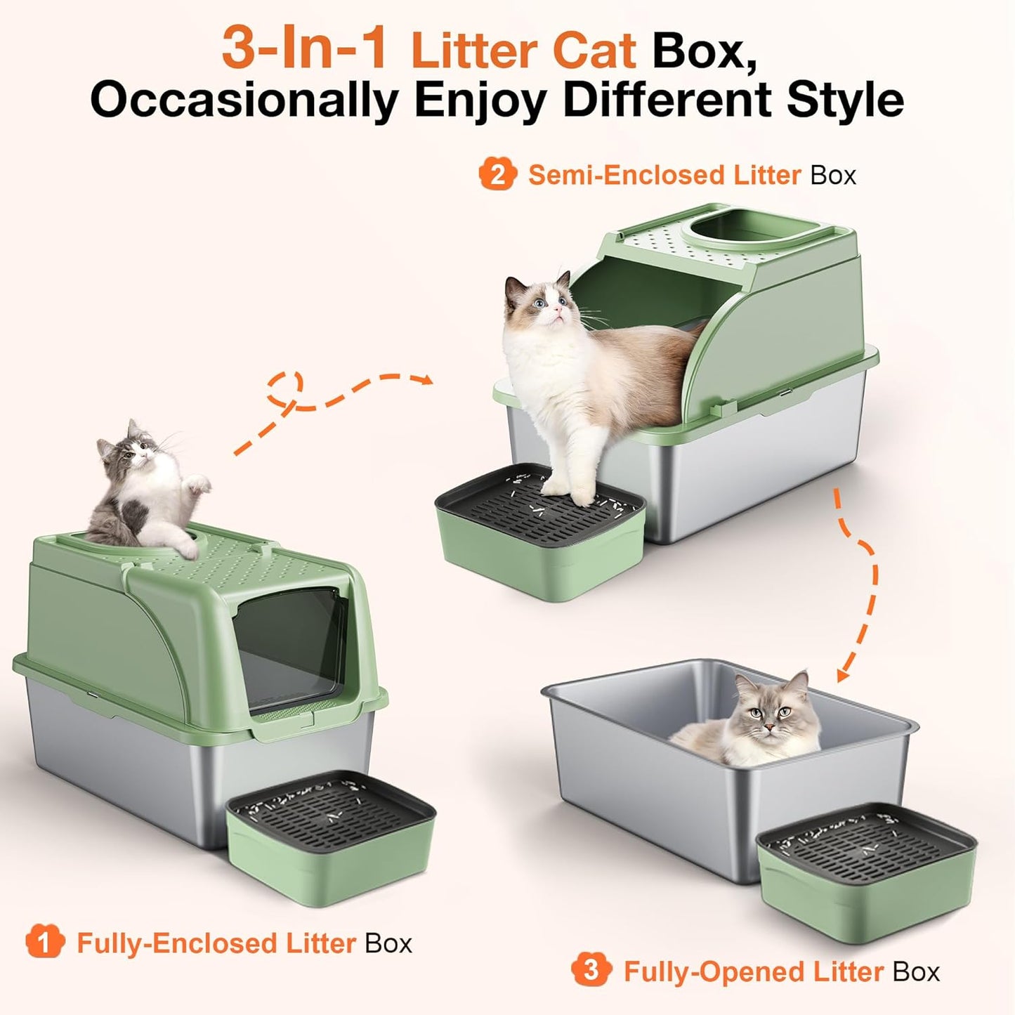 Stainless Steel Litter Box, XXL Large Metal Covered Litter Boxes, Dual Entrance Detachable Cat Litter Box with Lid, 16.6'' High Wall Urine Leak Prevention with Cat Litter Scoop (Gray)