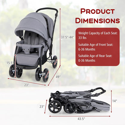 HONEY JOY Double Stroller, Foldable Lightweight Infant Twin Stroller with Tandem Seating, 5-Point Harness, Recline Seat, Storage Basket, Compact Baby Double Stroller Newborn and Toddler (Gray)