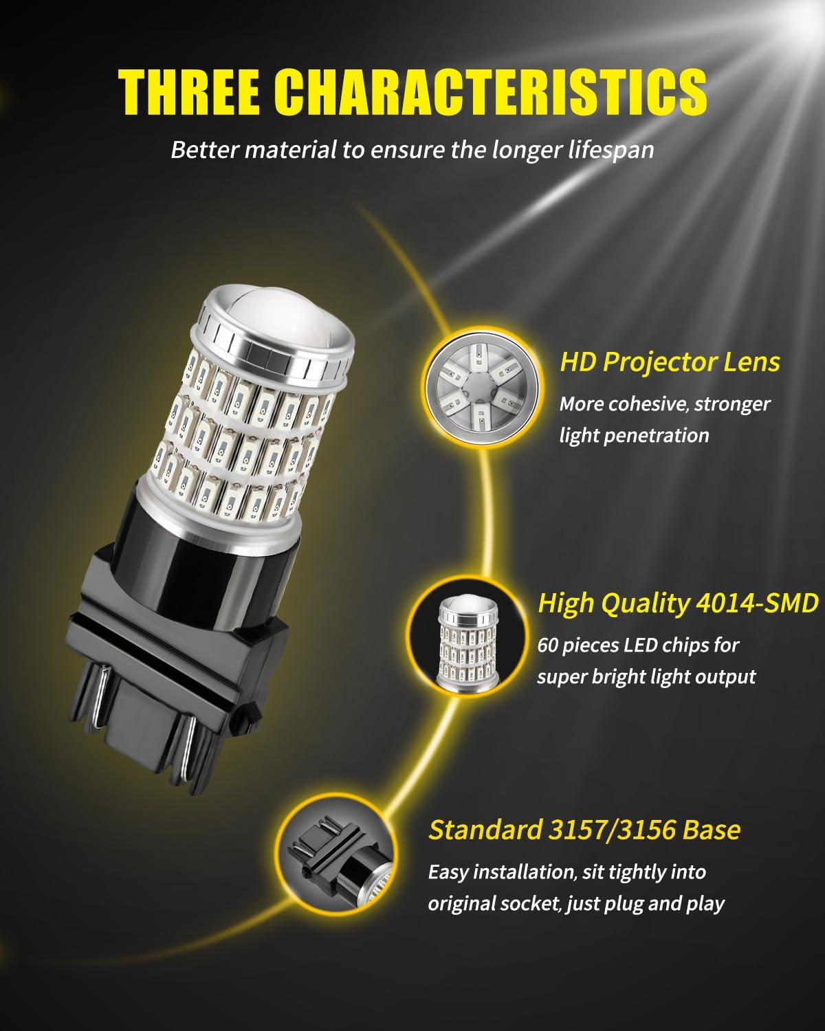 AUXLIGHT 3157 3156 4157 3057 3357 LED Bulbs, Ultra Bright 60-SMD LED Replacement for Turn Signal Blinker Lights, Brake/Tail Lights, Parking/Running Lights, Amber Yellow (Pack of 2)