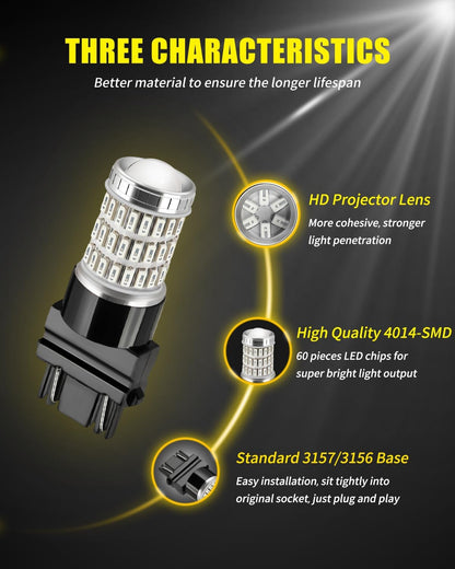 AUXLIGHT 3157 3156 4157 3057 3357 LED Bulbs, Ultra Bright 60-SMD LED Replacement for Turn Signal Blinker Lights, Brake/Tail Lights, Parking/Running Lights, Amber Yellow (Pack of 2)