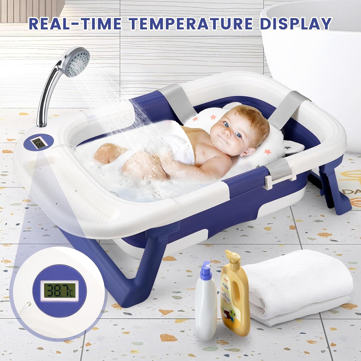 Baby Bathtub, Newborns Bath Essentials, Portable Bath tub For Infant 0-24 Months，Baby Shower Gifts With Soft Cushion,Temperature Sensor and Tray