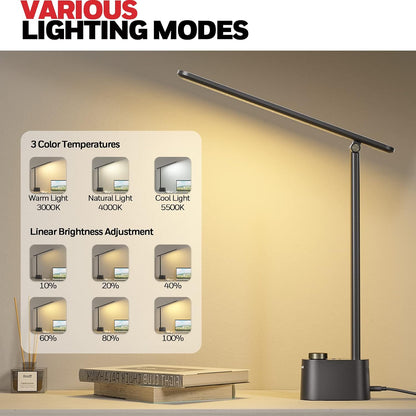 Honeywell HWT-H01 LED Desk Lamp, Foldable & Stepless Dimmable, Black