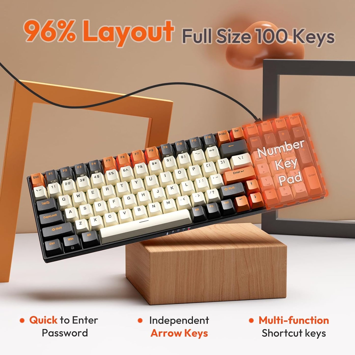 RK ROYAL KLUDGE RK100 Wireless Mechanical Keyboard, Bluetooth5.1/2.4G/Wired 96% Full Size 100-Key Hot Swappable Gaming Keyboard with 3 USB Ports, Blue Switch for Mac Windows, Carbon