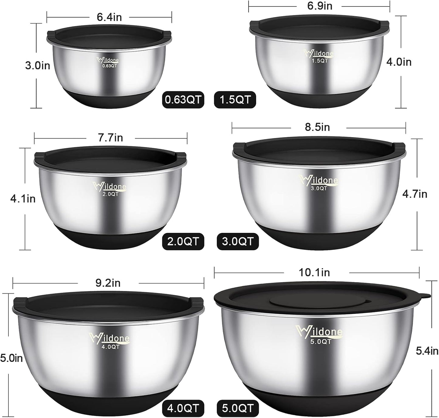 Wildone Mixing Bowls with Airtight Lids, 22 PCS Stainless Steel Nesting Bowls, with 3 Grater Attachments, Scale Marks & Non-Slip Bottom, Size 5, 4, 3, 2,1.5, 0.63QT, Ideal for Mixing & Prepping