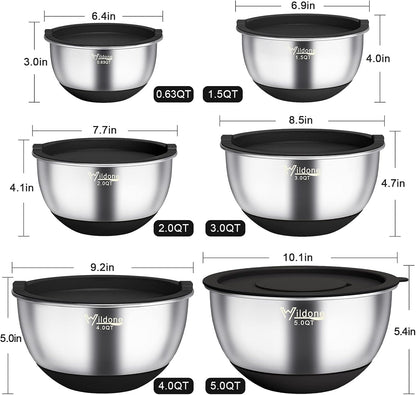 Wildone Mixing Bowls with Airtight Lids, 22 PCS Stainless Steel Nesting Bowls, with 3 Grater Attachments, Scale Marks & Non-Slip Bottom, Size 5, 4, 3, 2,1.5, 0.63QT, Ideal for Mixing & Prepping