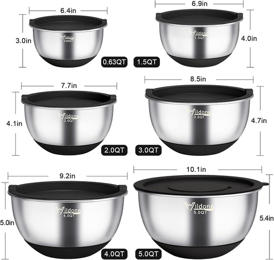 Wildone Mixing Bowls with Airtight Lids, 22 PCS Stainless Steel Nesting Bowls, with 3 Grater Attachments, Scale Marks & Non-Slip Bottom, Size 5, 4, 3, 2,1.5, 0.63QT, Ideal for Mixing & Prepping - PuriLite