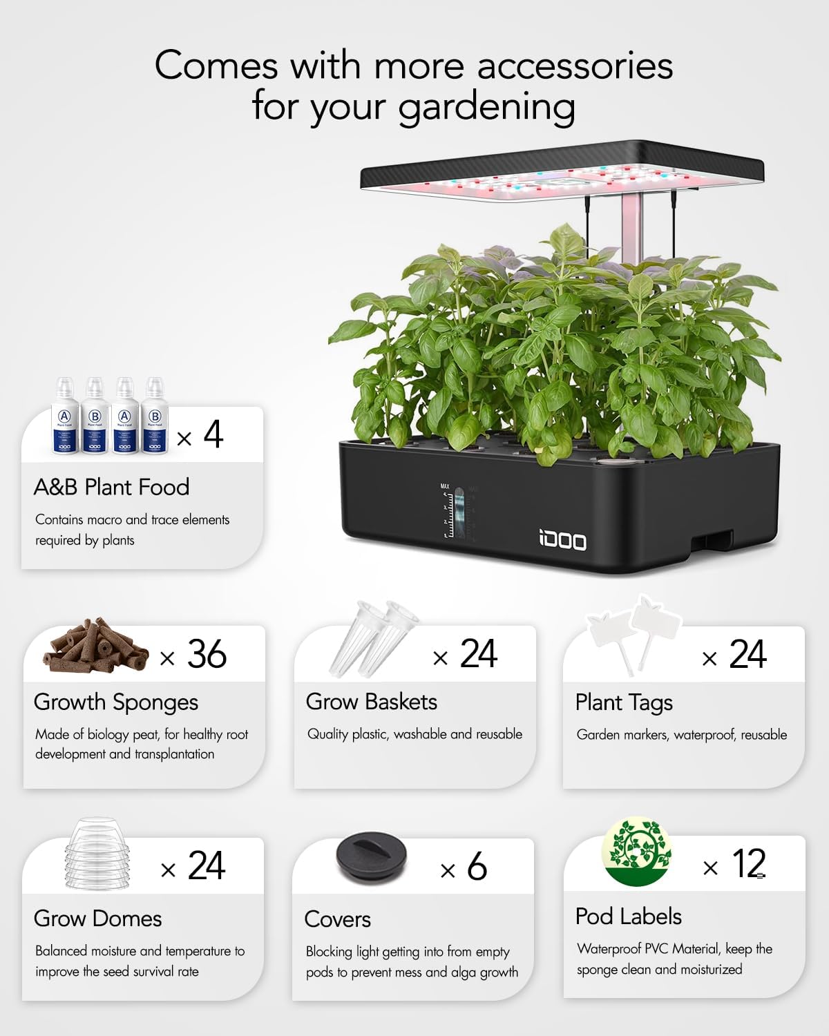 iDOO Hydroponics Growing System Kit 12Pods, Christmas Gifts for Women Men, Herb Garden Indoor with LED Grow Light for Home, Built-in Fan, Auto-Timer, Adjustable Height Up to 11.3", 12Pods Kit-Black