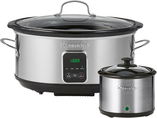 Kenmore 7 Quart Slow Cooker - Programmable Crock Pot with Dipper, Stainless Steel Electric Cookers, Warm Rice & Sous Vide Stew Soup for Lunch, Dishwasher Safe Non-Stick Ceramic Insert, Digital Control
