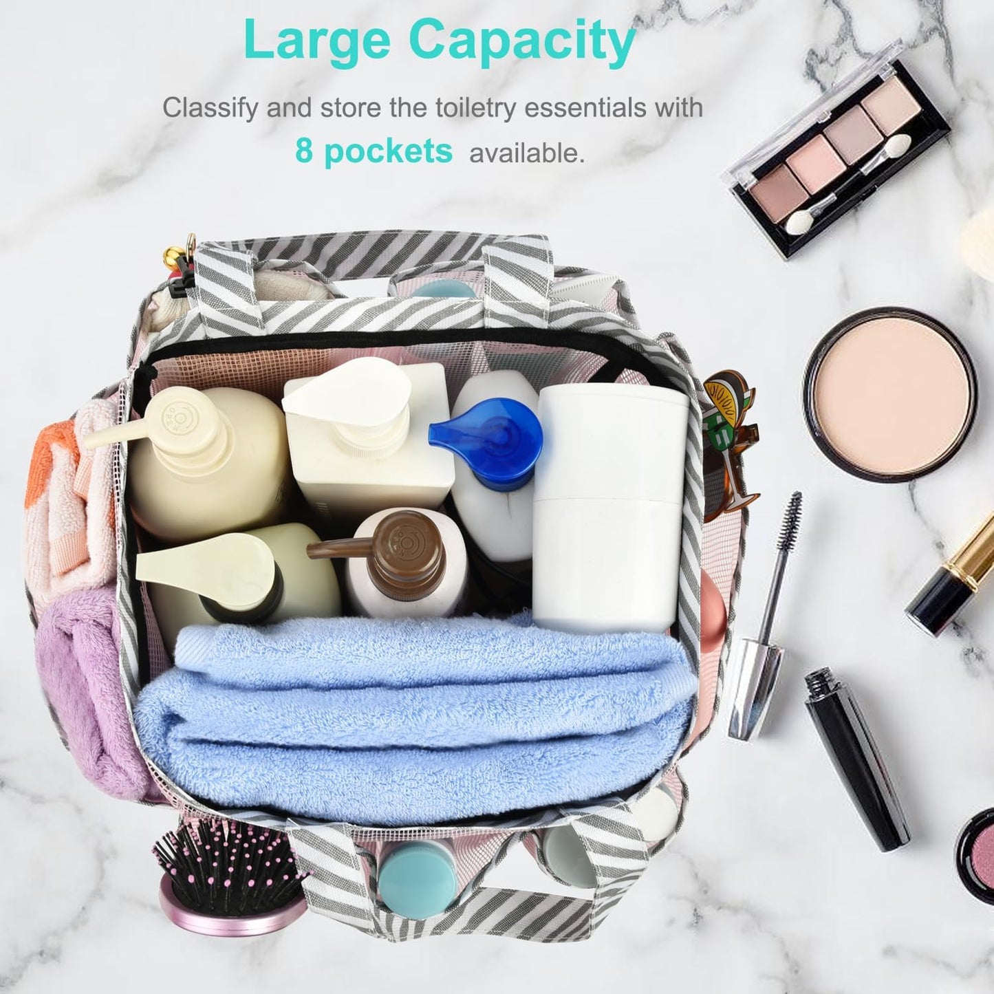 Mesh Shower Caddy Tote, Large College Dorm Bathroom Caddy Organizer with Key Hook and 2 Oxford Handles, Quick Hold, 8 Basket Pockets for Camp Gym