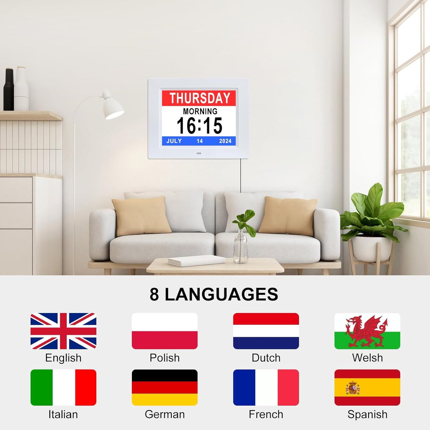 [2025 Newest] Digital Day Calendar Clocks 3 Medicine Reminders Extra Large 8 Inch Non-Abbreviated Day Date Month Dementia Senior Clock for Eldarly Memory Loss Vision Impaired Clock