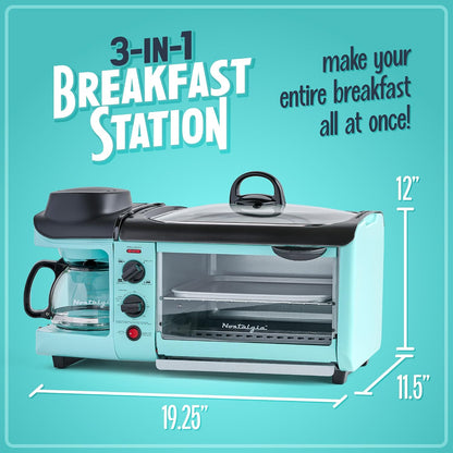 Nostalgia Retro 3-in-1 Family Size Electric Breakfast Station, Non Stick Die Cast Grill/Griddle, 4 Slice Toaster Oven, Coffee Maker, Aqua
