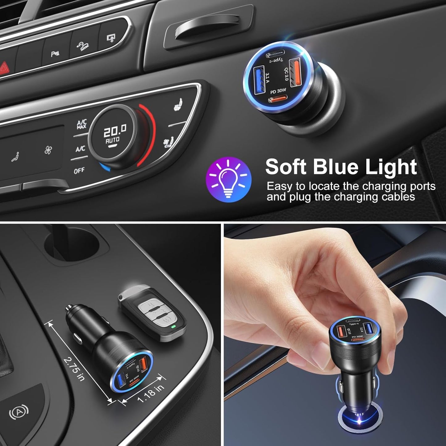 USB C Car Charger 65W, Bangfun 4-Port Dual USB C & USB A Car Charger QC/PD 3.0 Fast Charge Cigarette Lighter Adapter for iPhone 17/16/15/14/13/12/11, Samsung S24/S23/S22 Google Android Phone(Black)