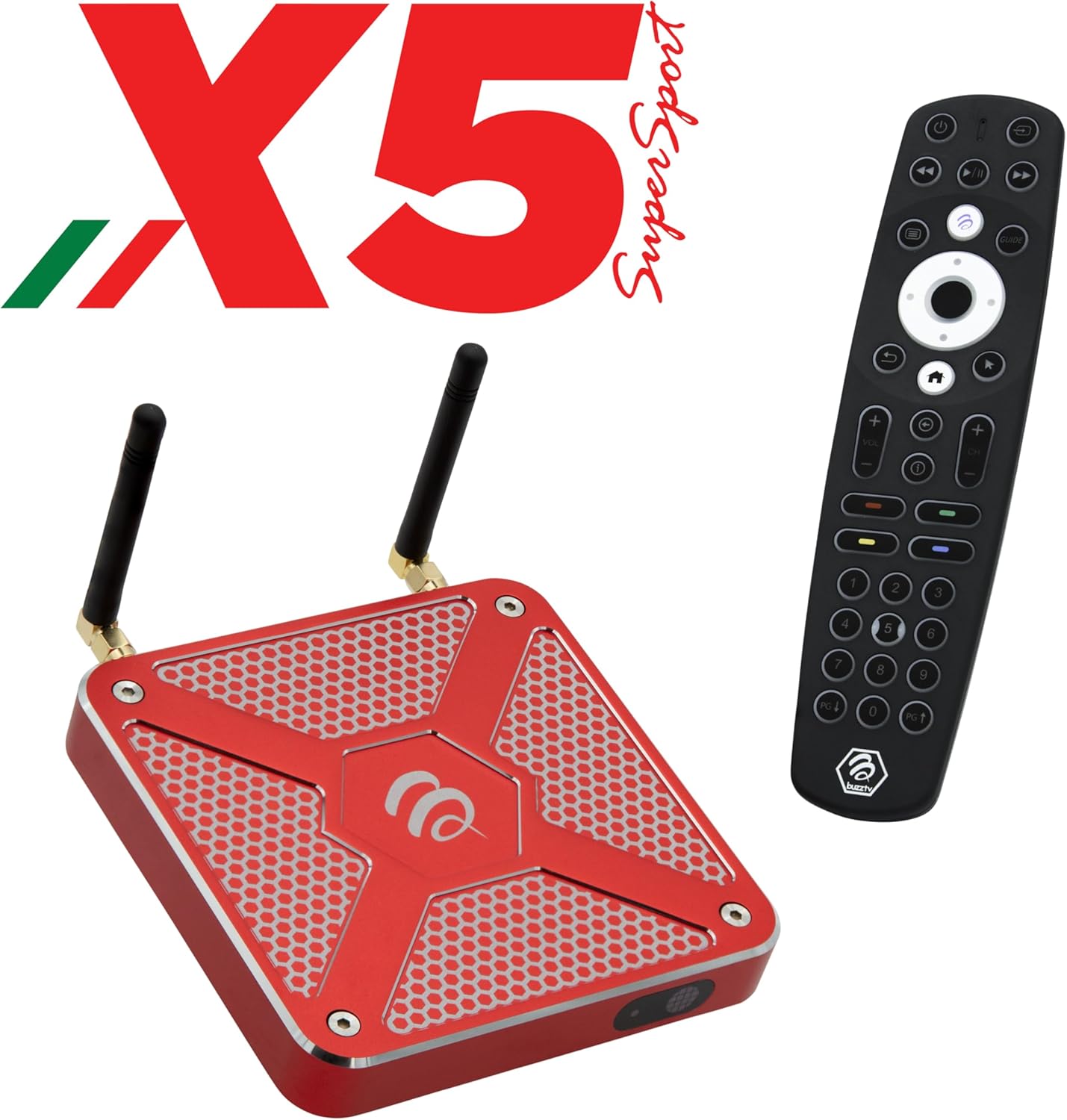 BuzzTV X5 SS Android 13 TV Box, 4GB DDR4 RAM, 128GB Storage, Scarlet Red Aluminum, Dual Voice-Controlled Remote, Wireless AX, USB-C, Global Power Adapters