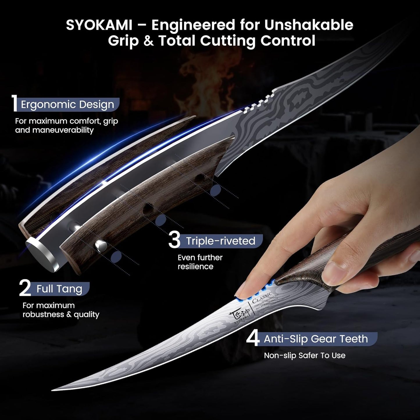SYOKAMI Fillet Knife, Razor Sharp 7.2 Inch Boning Knife, High Carbon Stainless Steel Filet Knives with High Flexibility, Wooden Handle, Full Tang Damascus Pattern Fish Knives, Ideal for Gifting
